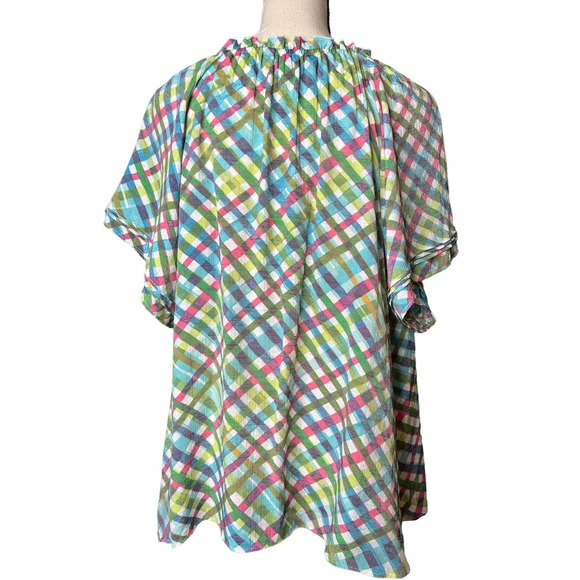 Zac & Rachel Blouse in Multicolored Plaid Ruffled Neckline Size L - Picture 3 of 6